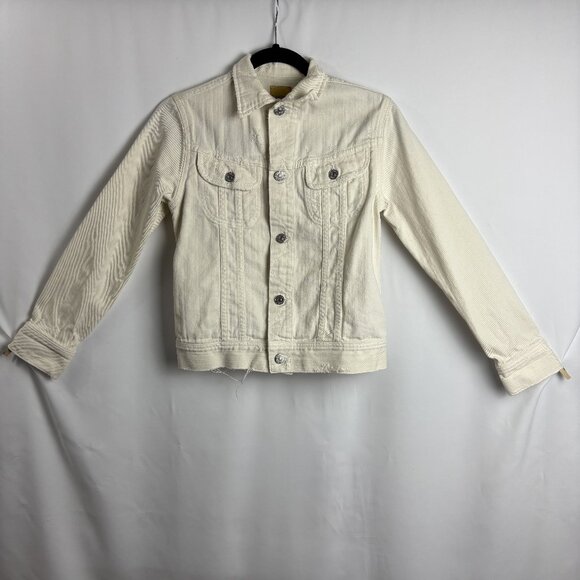XS White Denim Cotton Distressed Collar Button Pocket Long Sleeve Logo Jacket - Picture 1 of 10